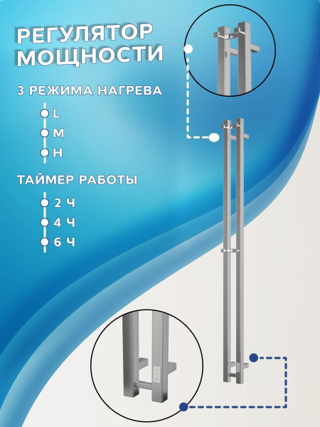 Полотенцесушитель дизайнерский электрический, профильный BAU Stella Square 8х160, 2 коллектора, 4 крючка (Полированный DB-0079)