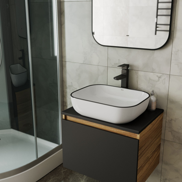 Раковина накладная со смесителем (прямоугольная BAU Stil 50х40, белая, черный кант + смеситель высокий Hotel Black, черный)