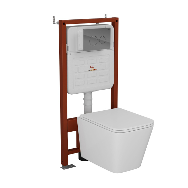 Комплект BAU 6 в 1: усиленная инсталляция BAU IDEAL, унитаз подвесной безободковый вихревой Bau Stil Hurricane3, сиденье дюропласт микролифт, клавиша BAU Wheel антивандальная, нерж. сталь хром