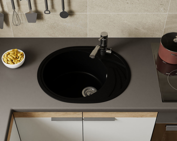 Мойка для кухни оборачиваемая овальная BAU Nimb Black coal 58х47, выпуск с сифоном в комплекте, черный уголь