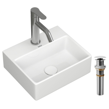 Раковина накладная со смесителем и выпуском (прямоугольная BAU Cerama Mini 33х28 + смеситель Dream, нержавеющая сталь, выпуск)