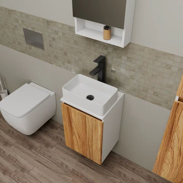 Комплект для ванной, 4 предмета (Тумба Bau Dream Blackwood 40, раковина BAU Mini 38х24, смеситель для раковины высокий Hotel Black, черный, выпуск клик клак, черный)