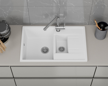 Мойка для кухни оборачиваемая полуторная чаша с крылом BAU Stil White snow 77х50, выпуск с сифоном в комплекте, белый снег