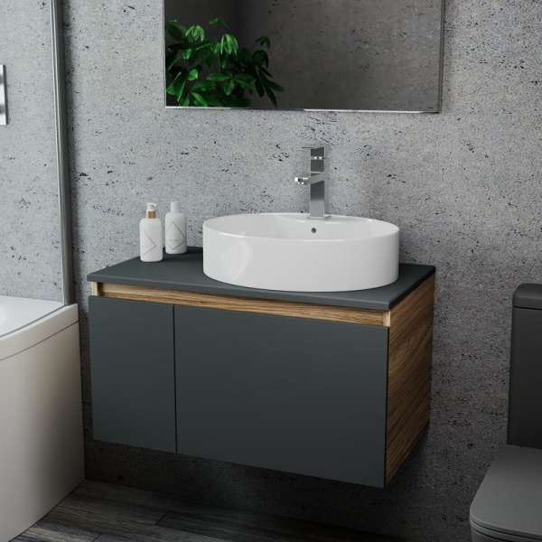 Комплект для ванной, 3 предмета (Тумба подвесная Bau Blackwood 80 графит + Раковина BAU 51х41, с отв. под см-ль, Смеситель Hotel Still, нерж. сталь)