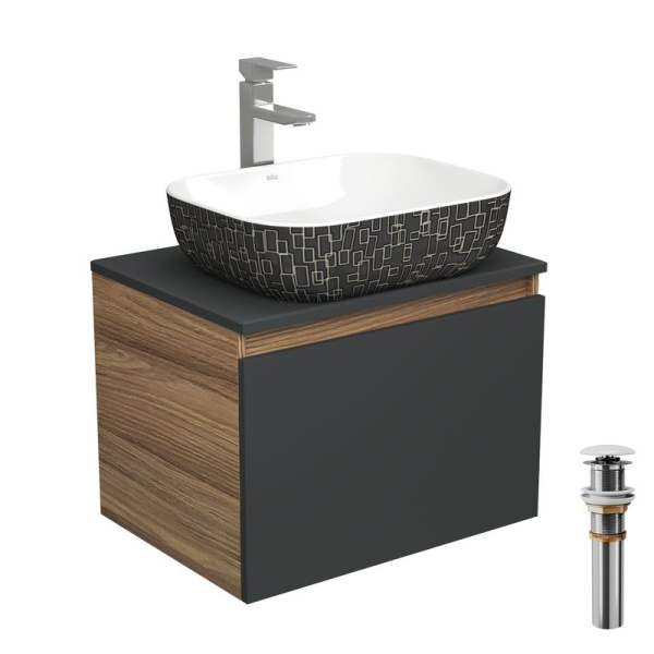 Комплект для ванной, 4 предмета (тумба Bau 60, графит + раковина BAU Stil Black White 50х40 + смеситель Hotel Still, выпуск клик-клак, белый)