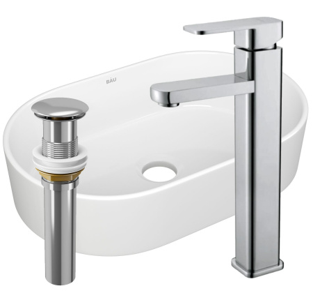 Раковина накладная со смесителем и выпуском (овальная BAU Nimb 56х36, белая + смеситель Hotel Still, нер. сталь, выпуск клик-клак хром)