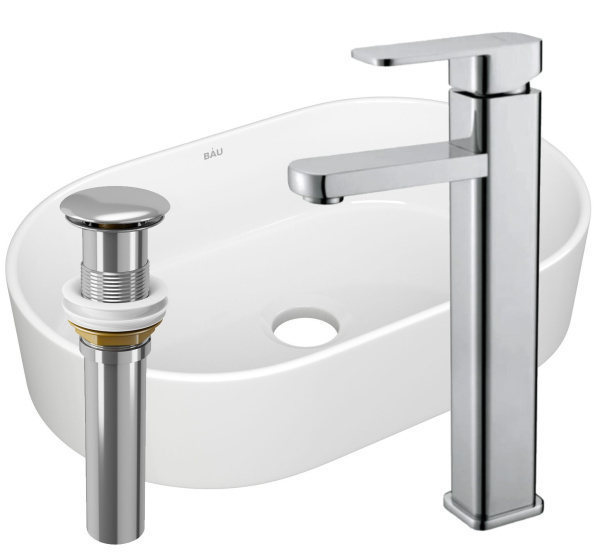 Раковина накладная со смесителем и выпуском (овальная BAU Nimb 56х36, белая + смеситель Hotel Still, нер. сталь, выпуск клик-клак хром)