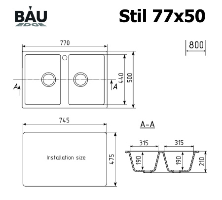 Мойка для кухни оборачиваемая двойная чаша BAU Stil Black stone 77х50, выпуск с сифоном в комплекте, черный камень