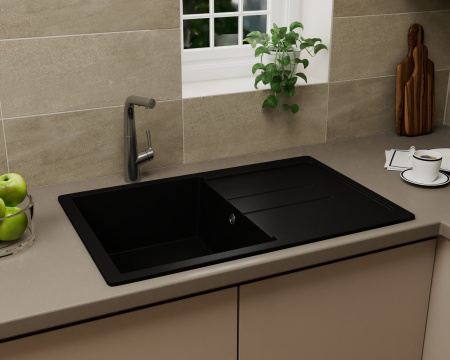 Мойка для кухни оборачиваемая с крылом BAU Stil Black coal 77х50, выпуск с сифоном в комплекте, черный уголь