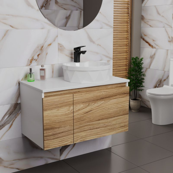 Комплект для ванной, 3 предмета (Тумба подвесная Bau Blackwood 80 + Раковина BAU D40, с отв. под см-ль, Смеситель Cerama Black, черный)