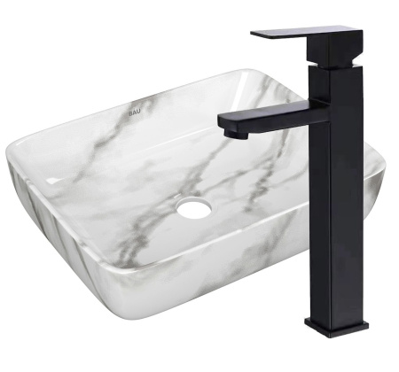 Раковина накладная со смесителем (прямоугольная BAU Hotel 48х37, мрамор + смеситель высокий Hotel Black, черный)