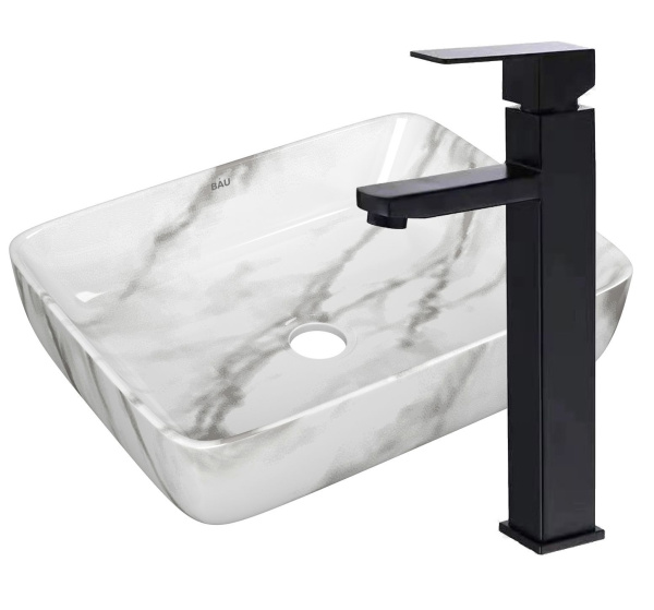 Раковина накладная со смесителем (прямоугольная BAU Hotel 48х37, мрамор + смеситель высокий Hotel Black, черный)