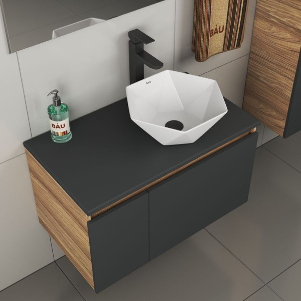 Комплект для ванной, 4 предмета (тумба Bau 80, графит + раковина на столешницу BAU Crystal 40х40 + смеситель Hotel Black, выпуск клик-клак, черный)