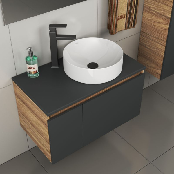 Комплект для ванной, 4 предмета (тумба Bau 80, графит + раковина BAU Dream D41 + смеситель Hotel Black, выпуск клик-клак, черный)