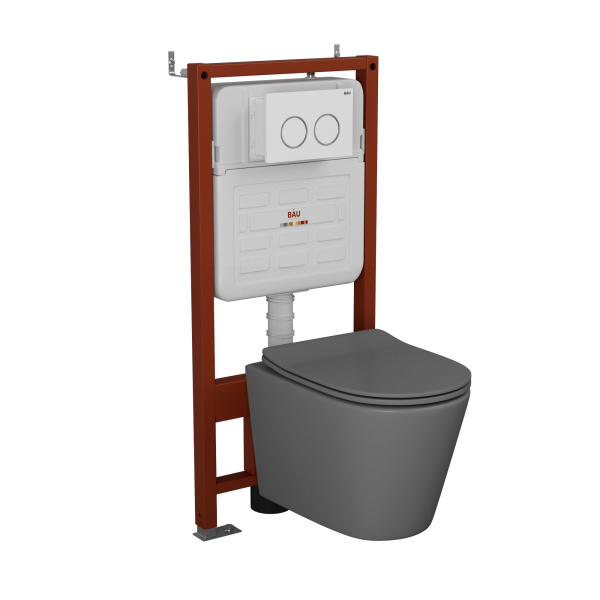 Комплект BAU 6 в 1: усиленная инсталляция BAU IDEAL, унитаз подвесной безободковый Bau Nimb темно-серый матовый, сиденье дюропласт микролифт, клавиша BAU Round, белый/хром