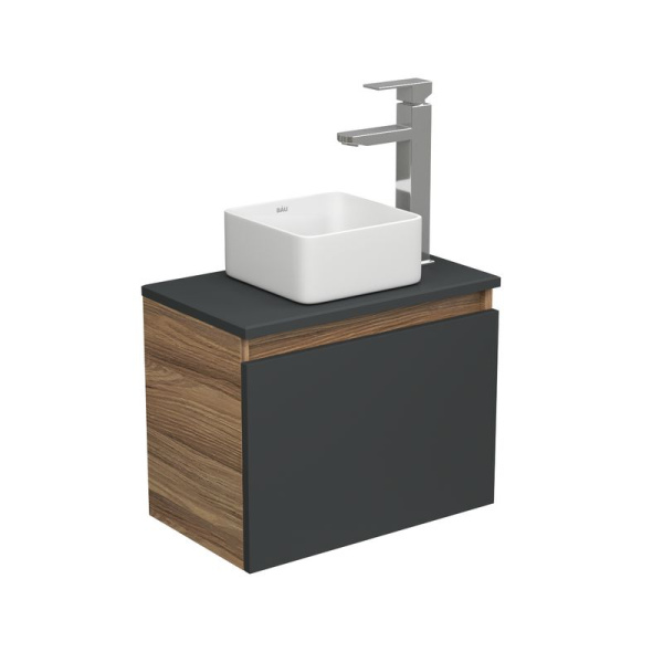 Комплект для ванной, 3 предмета (тумба Bau Dream 50, графит + раковина накладная BAU Hotel mini 24х24, смеситель высокий Hotel Still)