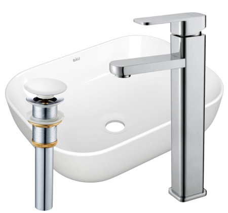 Раковина накладная со смесителем и выпуском (прямоугольная BAU Stil 50х40, белая + смеситель Hotel Still, нер. сталь, выпуск клик-клак белый)