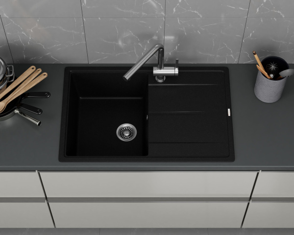 Мойка для кухни врезная кварцевая в комплекте с сифоном BAU Stil Anthracite 78х51, антрацит