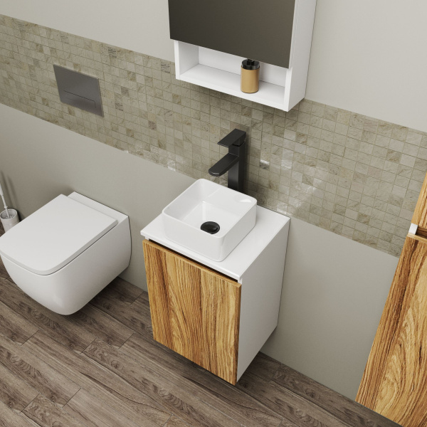 Комплект для ванной, 4 предмета (Тумба Bau Dream Blackwood 40, раковина BAU Mini 24х24, смеситель для раковины высокий Hotel Black, черный, выпуск клик клак, черный)