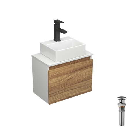 Комплект для ванной, 4 предмета (Тумба подвесная под раковину Bau 50 + раковина BAU 33х28 + смеситель Hotel Black, черный, выпуск)