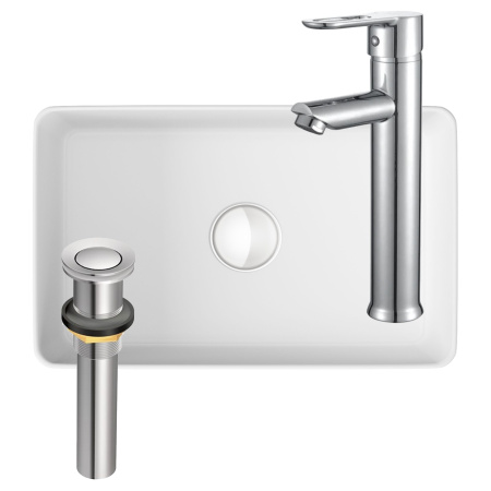 Раковина накладная со смесителем и выпуском (Умывальник BAU Mini прямоугольный, 38х24 белый + смеситель для раковины высокий Potato Hotel, выпуск клик клак, хром)