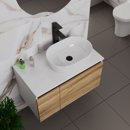 Комплект для ванной, 4 предмета (Тумба подвесная Bau Blackwood 80 + Раковина BAU 48х34 + Смеситель высокий Hotel Black, черный, выпуск черный)