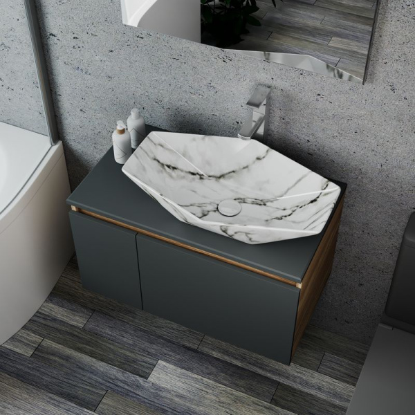 Комплект для ванной, 4 предмета (Тумба подвесная Bau Blackwood 80 графит + Раковина BAU 64х40, мрамор + Смеситель Hotel Still, выпуск белый)