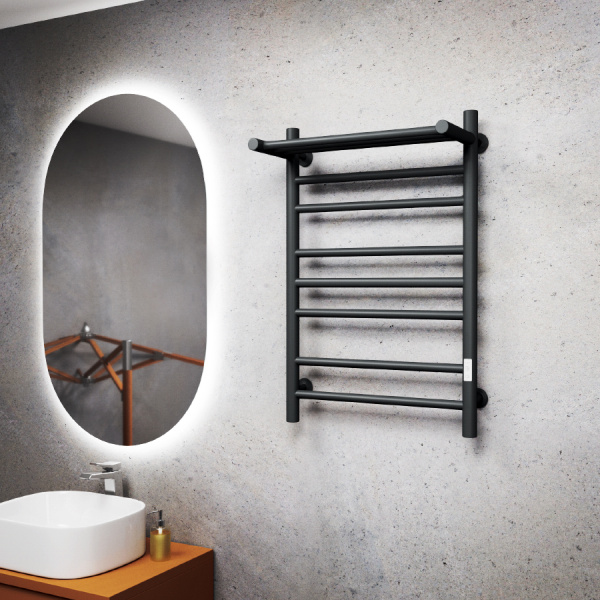 Полотенцесушитель электрический с полкой Маргроид BAU В10 50х80 П7 (2+3+2) с таймером справа, черный матовый RAL 9005