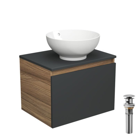 Тумба с раковиной и выпуском (тумба Bau Dream 60, графит + раковина чаша накладная круглая BAU Dream D41, выпуск клик-клак, хром)