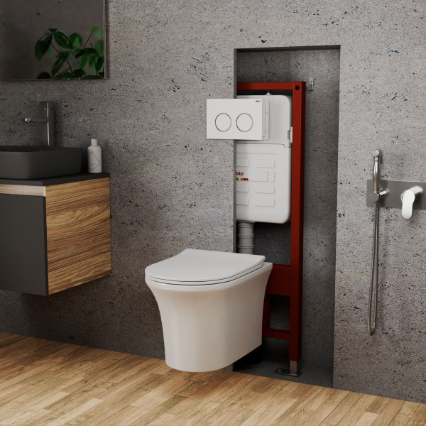 Комплект BAU 6 в 1: усиленная инсталляция BAU IDEAL, унитаз подвесной безободковый Bau Spectrum PRO, сиденье микролифт, клавиша BAU Round, белый/хром