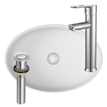 Раковина накладная со смесителем и выпуском (Умывальник BAU Nimb овальная 50х36, белый + смеситель для раковины высокий Diadonna Dream, латунь, выпуск клик клак, хром)