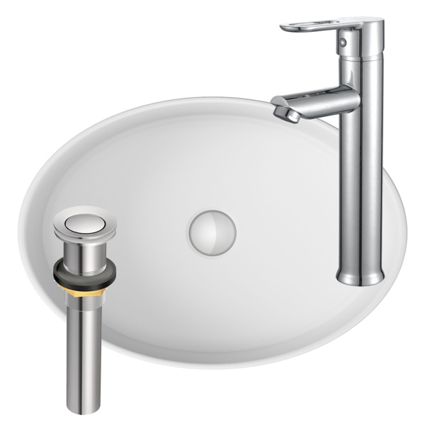 Раковина накладная со смесителем и выпуском (Умывальник BAU Nimb овальная 50х36, белый + смеситель для раковины высокий Diadonna Dream, латунь, выпуск клик клак, хром)
