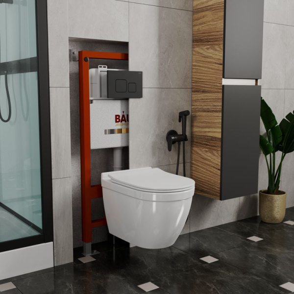 Комплект BAU 6 в 1: инсталляция BAU PRO, унитаз подвесной безободковый Bau Mif PRO, сиденье быстросъемное микролифт, кнопка смыва BAU Soul, черная матовая