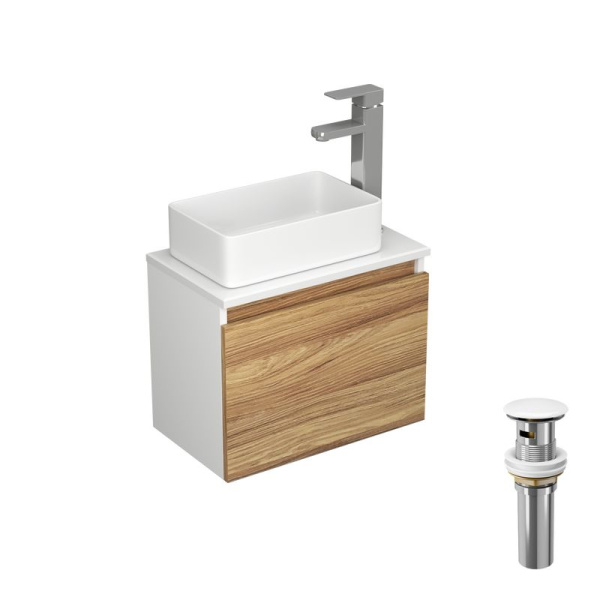 Комплект для ванной, 4 предмета (Тумба Bau Dream Blackwood 50, раковина BAU Mini 38х24, смеситель для раковины Potato Hotel, выпуск клик клак, белый)