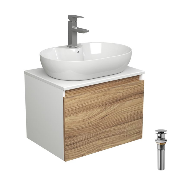 Комплект для ванной, 4 предмета (Тумба подвесная Bau Blackwood 60 + Раковина BAU 60х42, с отв. под см-ль, Смеситель Hotel Still, нерж. сталь, выпуск)