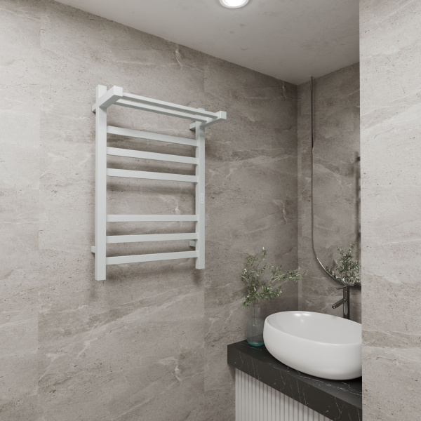 Полотенцесушитель электрический профильный с полкой BAU Hotel Shelf 50х80, 6 планок, универсальный, белый полуматовый