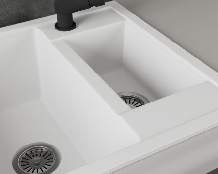 Мойка для кухни оборачиваемая полуторная чаша BAU Stil White snow 60х50, выпуск с сифоном в комплекте, белый снег