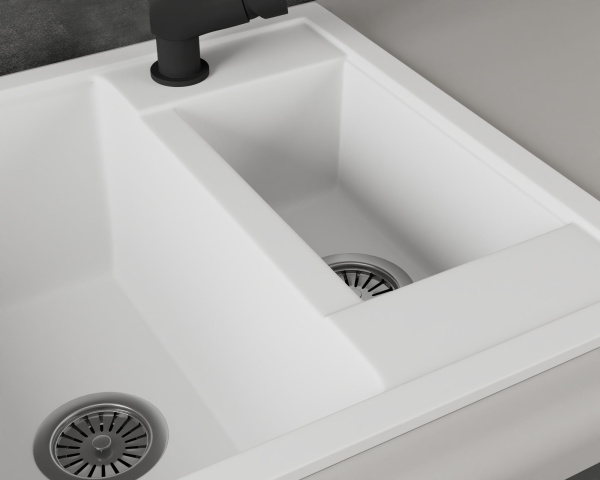 Мойка для кухни оборачиваемая полуторная чаша BAU Stil White snow 60х50, выпуск с сифоном в комплекте, белый снег