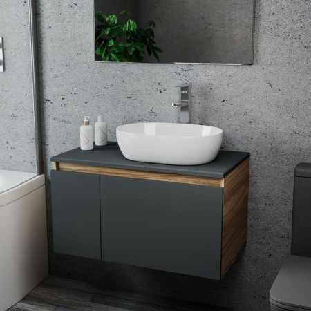 Комплект для ванной, 3 предмета (Тумба подвесная Bau Blackwood 80 графит + Раковина BAU 48х34, Смеситель высокий Hotel Still, нерж. сталь)