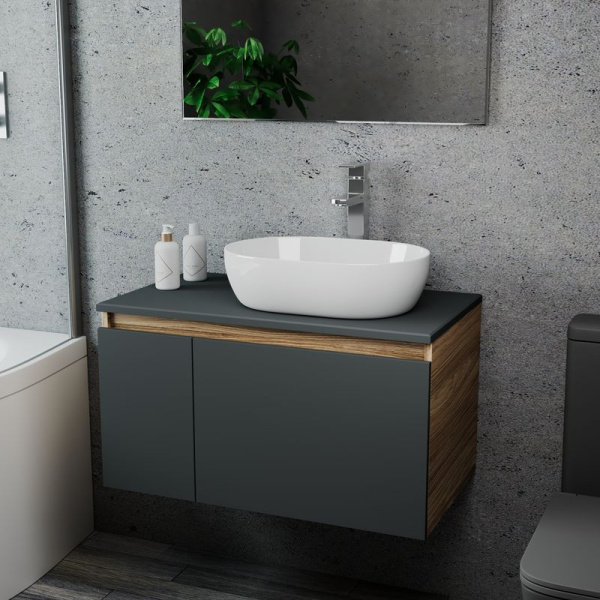 Комплект для ванной, 3 предмета (Тумба подвесная Bau Blackwood 80 графит + Раковина BAU 48х34, Смеситель высокий Hotel Still, нерж. сталь)