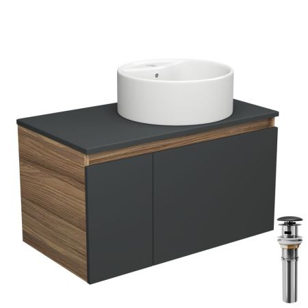 Тумба с раковиной и выпуском (тумба Bau Dream 80, графит + раковина накладная BAU Element D40, с отверстием под смеситель, выпуск клик-клак, черный)