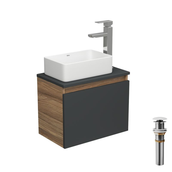 Комплект для ванной, 4 предмета (тумба Bau 50, графит + раковина BAU Hotel mini 37х23 + смеситель Hotel Still, выпуск клик-клак, белый)