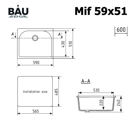 Мойка для кухни BAU Mif Black stone 59х51, выпуск с сифоном в комплекте, черный камень