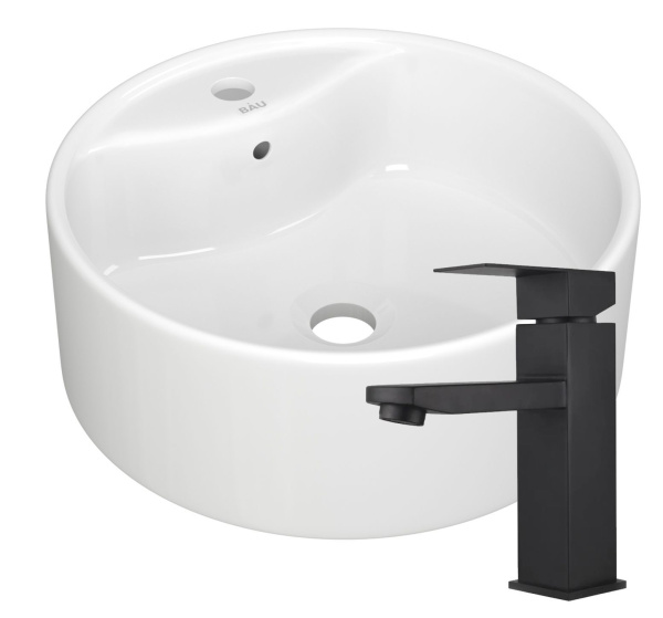 Раковина для ванной накладная круглая BAU Element D40, с отверстием под смеситель, белая + смеситель Hotel Black, черный