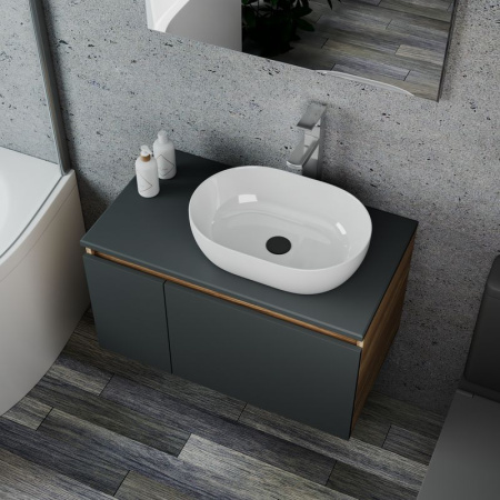 Комплект для ванной, 4 предмета (Тумба подвесная Bau Blackwood 80 графит + Раковина BAU 48х34 + Смеситель Hotel Still, нерж. сталь, выпуск черный)