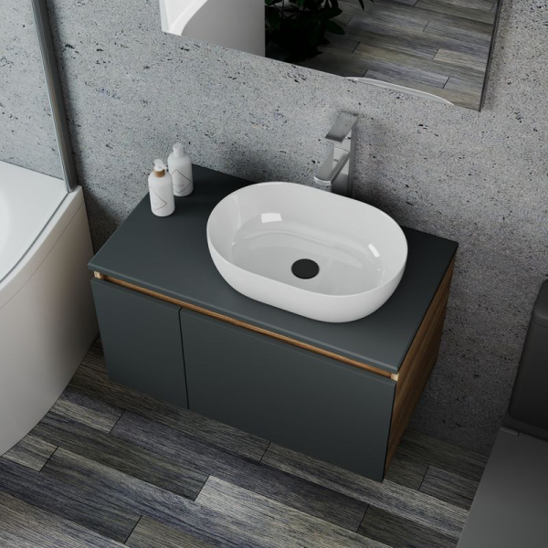 Комплект для ванной, 4 предмета (Тумба подвесная Bau Blackwood 80 графит + Раковина BAU 48х34 + Смеситель Hotel Still, нерж. сталь, выпуск черный)