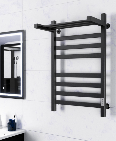 Полотенцесушитель электрический профильный с полкой Маргроид BAU В81/10 50х80, 2 вставки 4х4, черный матовый RAL 9005 с таймером справа