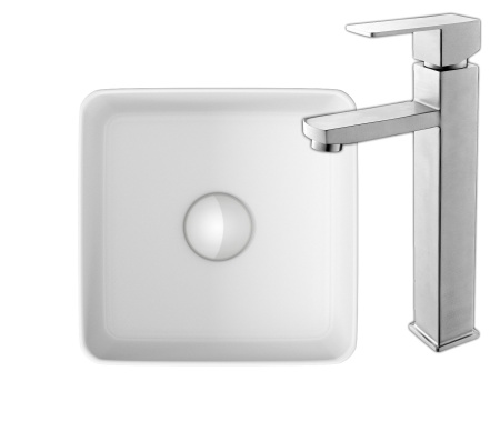 Раковина накладная со смесителем (BAU Mini квадратная 24х24 белая + смеситель для раковины высокий Hotel Still, нержавеющая сталь)