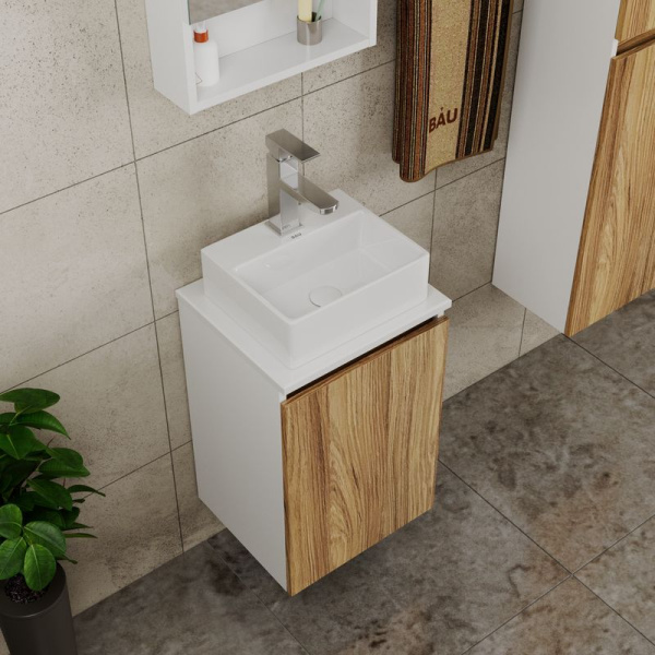 Комплект для ванной, 4 предмета (Тумба под раковину Bau Blackwood 40 + раковина BAU 33х28 + смеситель Hotel Still, нержавеющая сталь, выпуск)