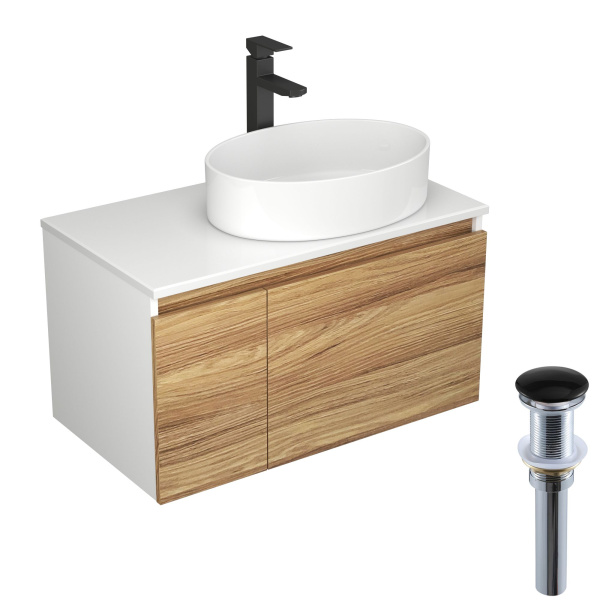 Комплект для ванной, 4 предмета (Тумба Bau Dream Blackwood 80, раковина BAU Nimb 50х36, смеситель для раковины высокий Hotel Black, черный, выпуск клик клак, черный)